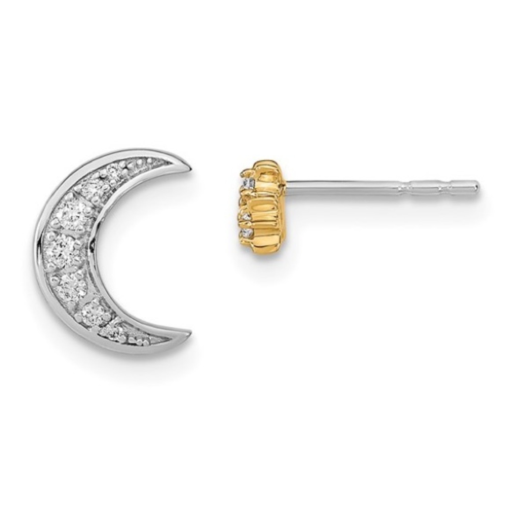 14K Two Tone diamond Moon Stars Post Earrings